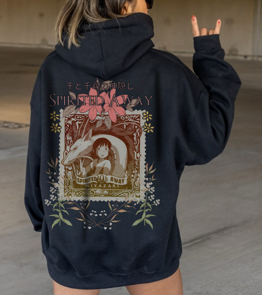 Spirited Away Philately Back Print Hoodie – 100% Cotton Anime Hoodie with Stamp-Inspired Design