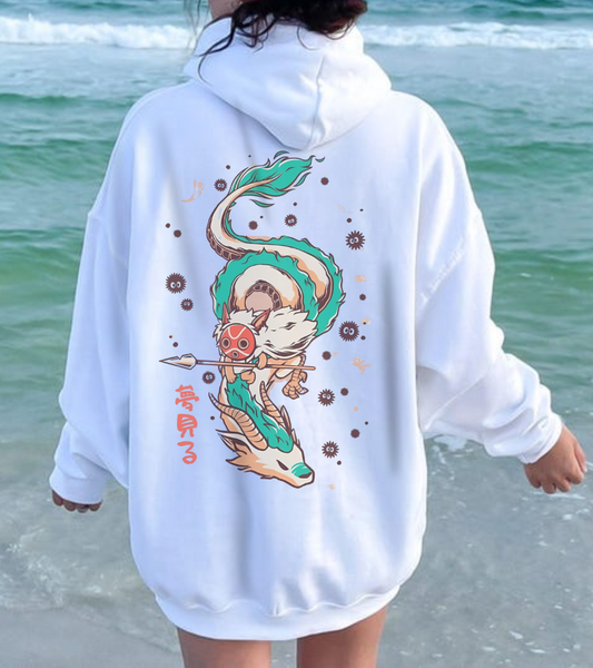 Haku and Princess Mononoke Back Print Hoodie – 100% Cotton Studio Ghibli Anime Sweatshirt
