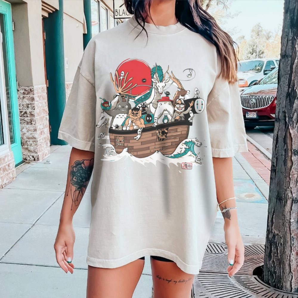 Ghibli Characters Boat T-Shirt | 100% Cotton Studio Ghibli Anime Tee