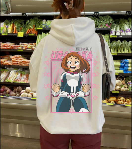Ochaco Uraraka Back Print Hoodie – 100% Cotton Gildan 18500 | My Hero Academia Anime Hoodie for Fans
