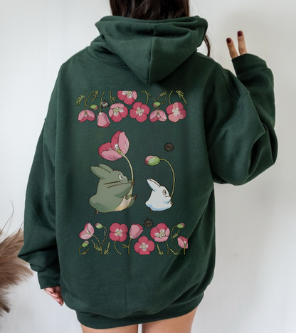 Totoro Cute Flowers Back Print Hoodie – 100% Cotton Studio Ghibli Inspired Sweatshirt for Anime Fans