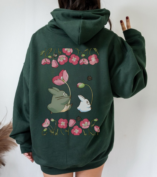 Totoro Cute Flowers Back Print Hoodie – 100% Cotton Studio Ghibli Inspired Sweatshirt for Anime Fans