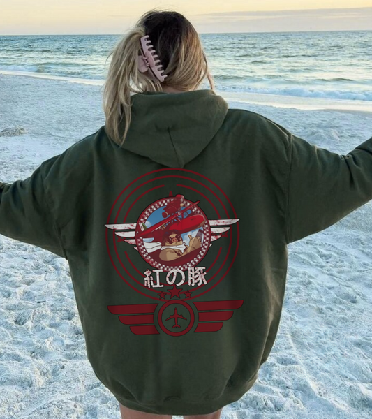 Porco Rosso Aviator Hoodie with Back Print – 100% Cotton Studio Ghibli Pilot Anime Sweatshirt