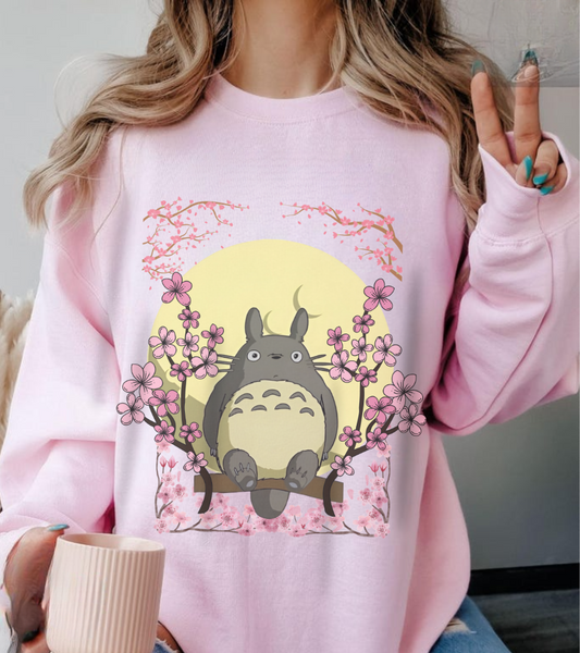 Totoro Sakura Moon Sweatshirt – Cozy 100% Cotton Studio Ghibli Cherry Blossom Pullover