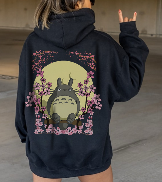 Totoro Sakura Moon Back Print Hoodie – 100% Cotton Studio Ghibli-Inspired Cherry Blossom Pullover