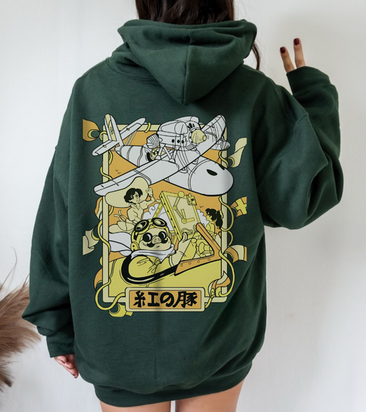 Porco Rosso Back Print Hoodie – 100% Cotton Studio Ghibli Vintage Anime Hoodie
